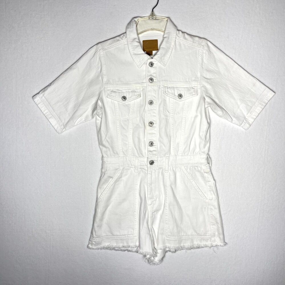 American Eagle White Denim Short Sleeve Belted Utility Romper Jumpsuit Size S